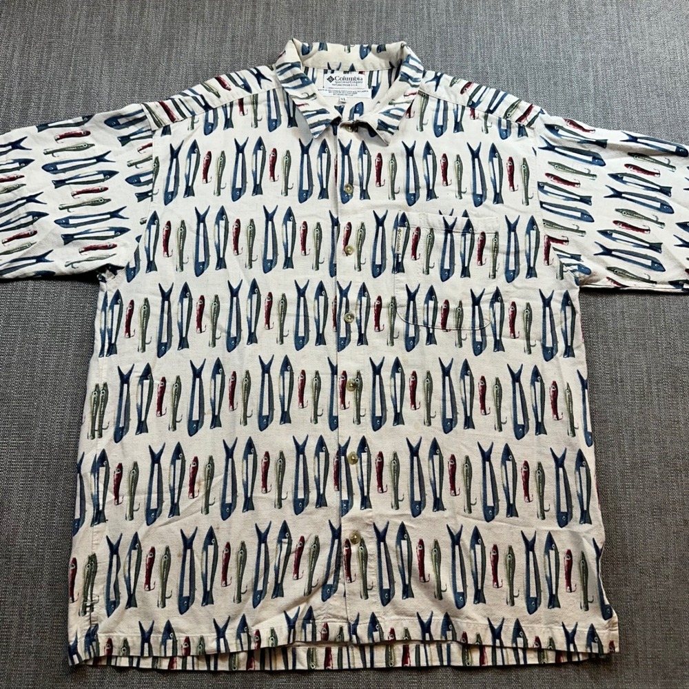 Columbia‎ Fishing Lure Print Shirt Mens XL Beige Rayon Linen Vintage AM7543 Good